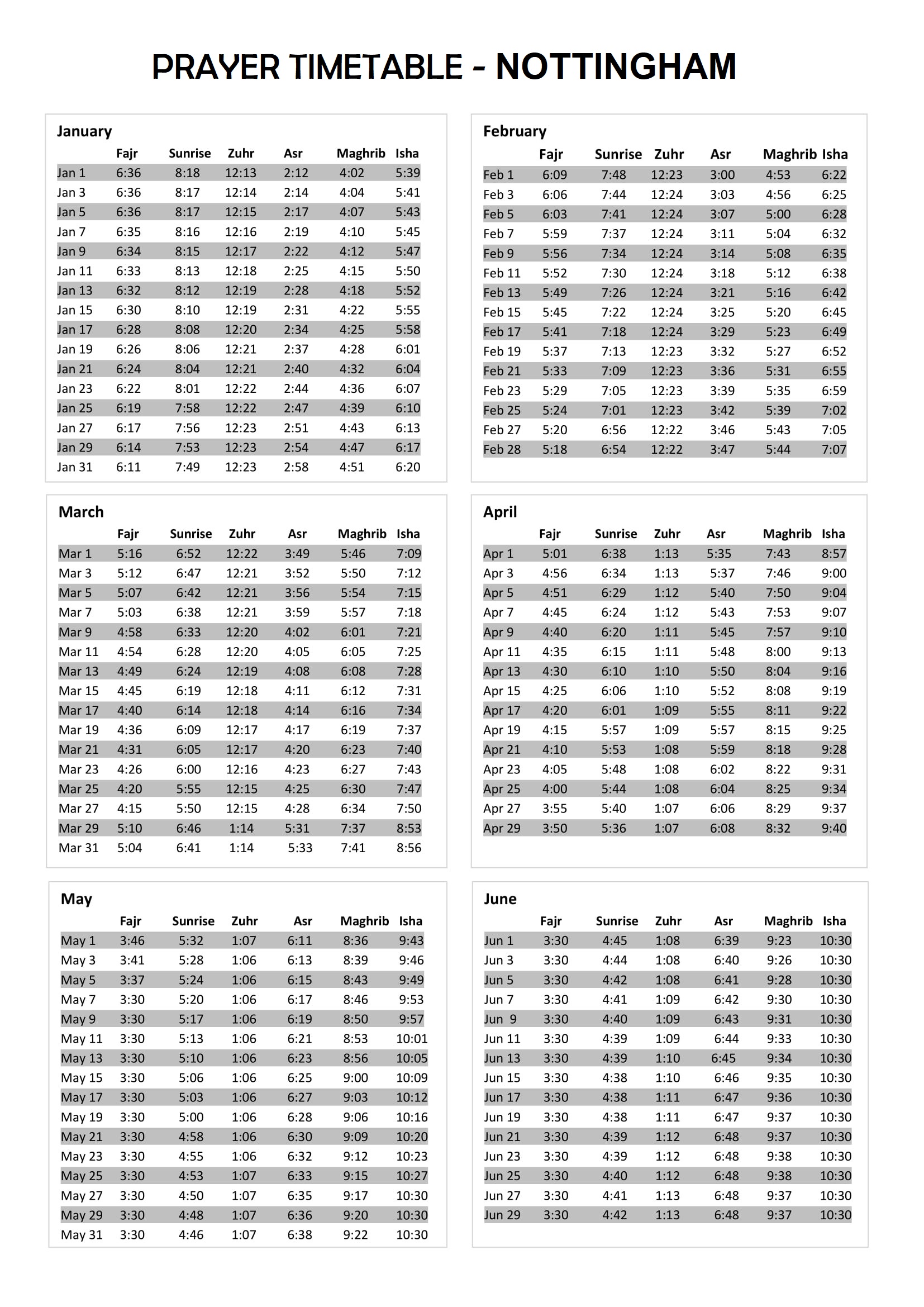 Prayer Timetable